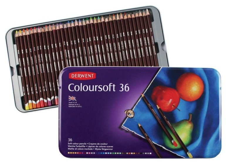 Derwent Colorsoft drawing pencils in a tin of 36, showcasing vibrant colors and smooth, soft leads for artistic creations. Main image
