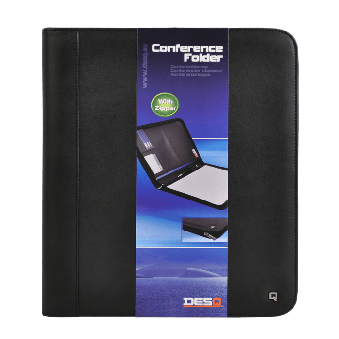 A DesQ A4 zipped conference folder with a notepad inside, featuring a sleek black design for professional meetings and note-taking.