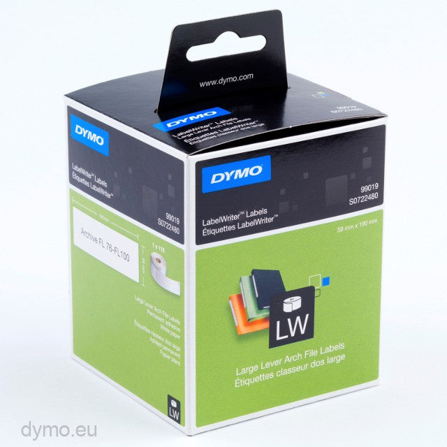 Dymo B.FILE label roll 59x190mm with 110 labels for labelling machines, shown on a Dymo label maker.