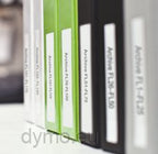 Dymo B.FILE label 59x190mm for labelling machines, shown on a lever arch file in an office setting