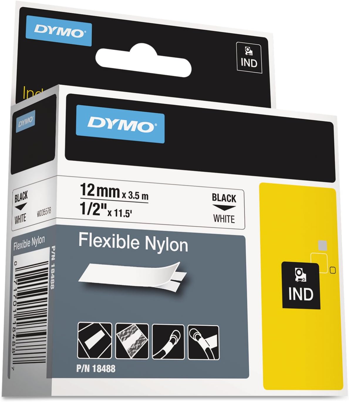 Dymo flexible nylon tape DY18488 12mm, Black/White - (DY18488) Main image