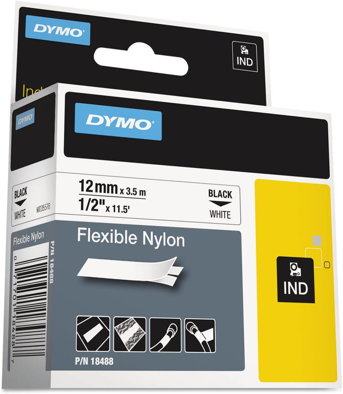Dymo flexible nylon tape DY18488 12mm, Black/White - (DY18488)