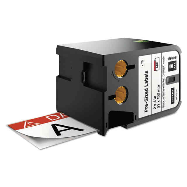 Dymo label wrap in vinyl, black on white with danger header, measuring 51 x 102mm, for labelling machines.