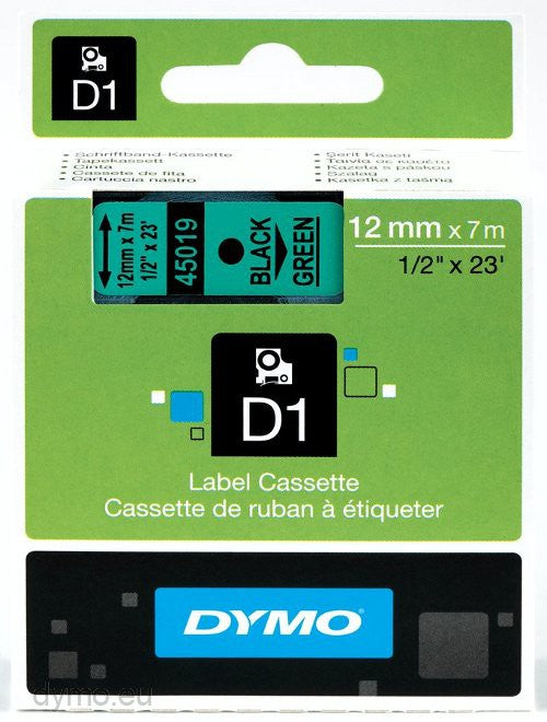 Dymo Labelling Tapes (12mmx7m) D1 Black Printing on Green lable -45019 - Al Masam Stationery LLC