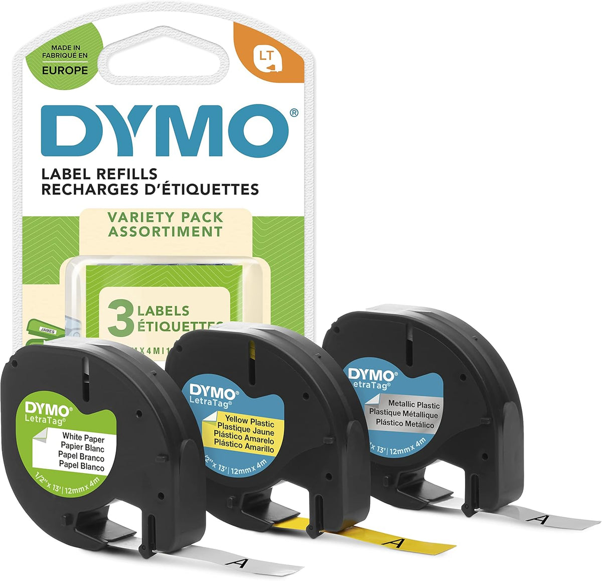 DYMO LETRA TAG TAPE WITH 3 PACK ASSORTED COLORS - (DYS0721800) - Al Masam Stationery LLC Main image
