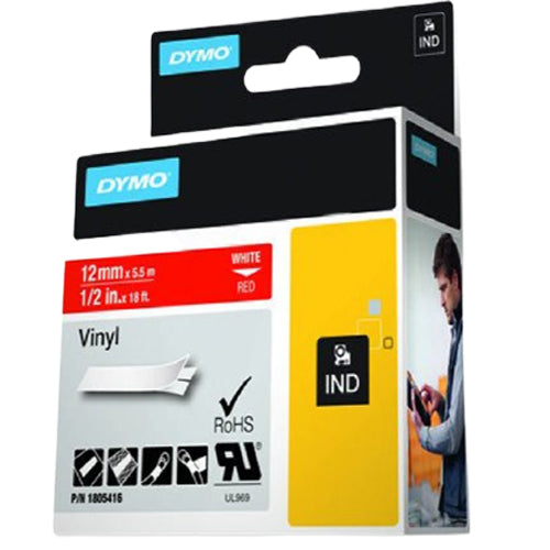 DYMO RH TP 12mm White/Red Vinyl Label - Al Masam Stationery LLC Main image