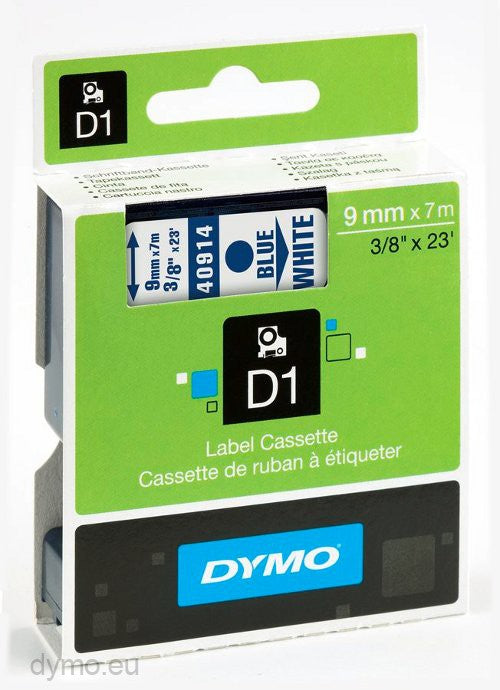 Dymo TP 9mm blue and white D1 labelling machine with a sleek design, showcasing the label printing feature.