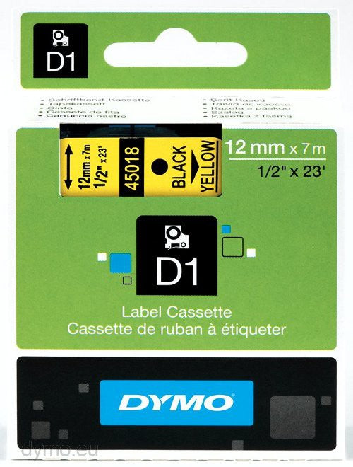 Dymo Labelling Tapes (12mmx7m) D1 Black Printing on yellow lable -45018 - Al Masam Stationery LLC