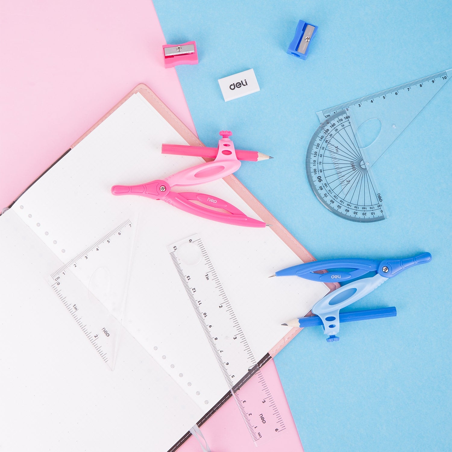 Deli Drafting Ruler 15cm Set Squares Protractor Compass Pencil Eraser Sharpener 2C - Al Masam Stationery LLC
