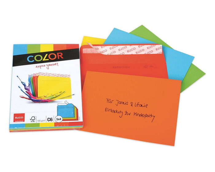 Elco Color C6 fancy envelopes in assorted colors with adhesive closure, no window, ideal for invitations and special correspondence.