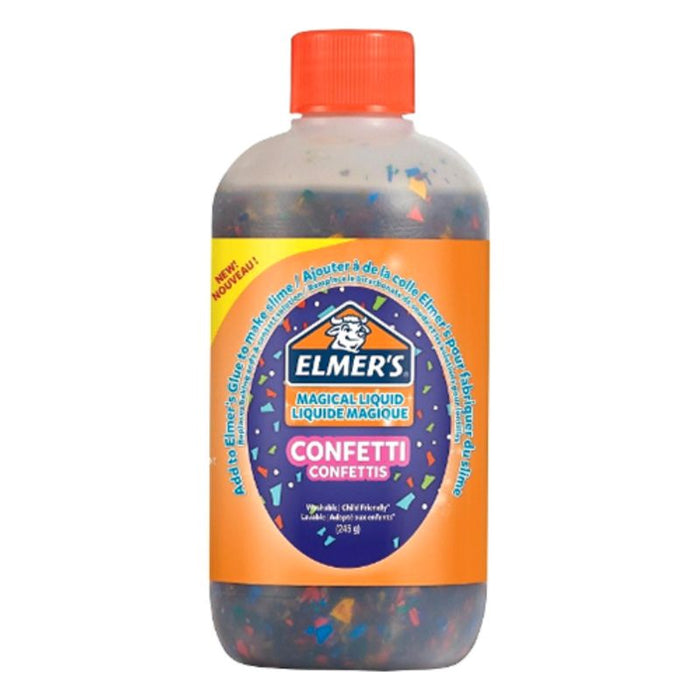 Elmer's Confetti Magical Liquid Glue 245g in a clear bottle with colorful confetti inside, ideal for arts and crafts projects.