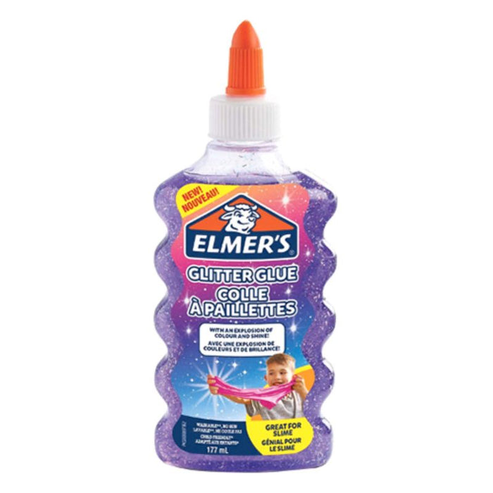Elmer's Glitter Glue Purple 177 ml in a clear plastic tube with purple glitter adhesive for arts and crafts projects