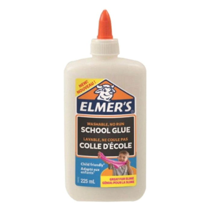 Elmer's White Glue 225 ml in a clear plastic bottle with a white screw cap, suitable for arts and crafts projects.