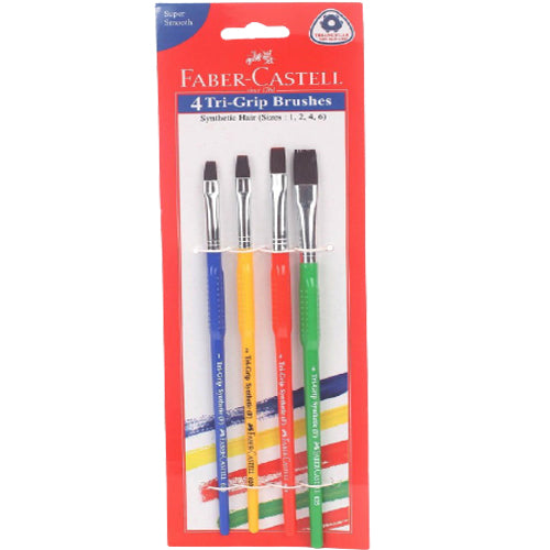 Set of four Faber-Castell Trigrip flat paint brushes in various sizes, perfect for detailed and broad painting projects.