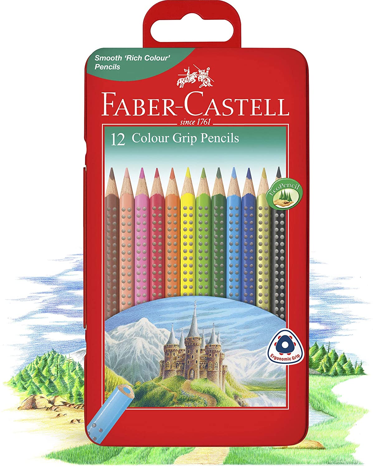 FABER-CASTELL COLOUR GRIP 12 LONG IN TIN CASE - Al Masam Stationery LLC Main image