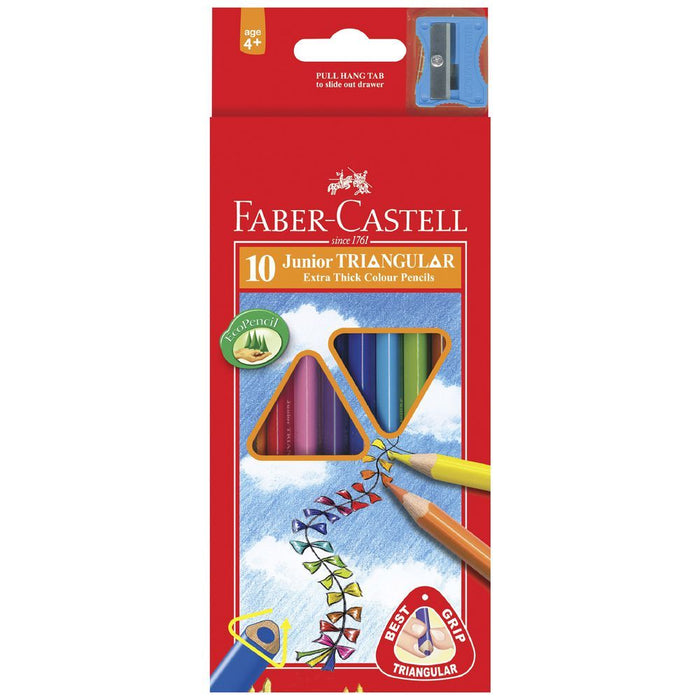 Faber-Castell triangular colour pencils arranged in a set, showcasing vibrant shades for coloring and artistic projects.