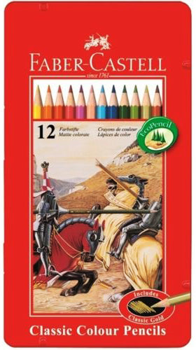 Faber-Castell Colour Pencils in a metal tin, 12 vibrant colours, perfect for artists and students.