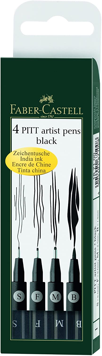 FABER-CASTELL PITT Artist Drawing Ink Pen Black Wallet of 4 (Asst Line Widths) - Al Masam Stationery LLC Main image