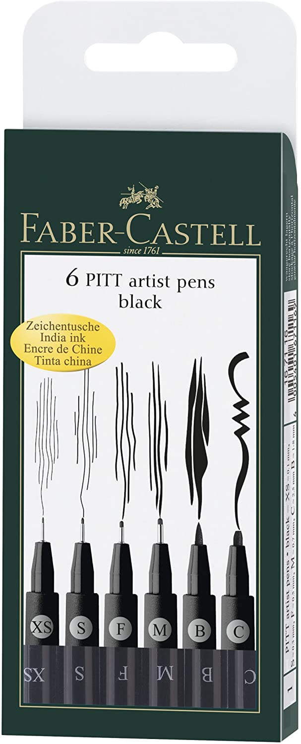 FABER-CASTELL PITT Artist Pen Wallet of 6 "Black" (Asst Line Widths) - Al Masam Stationery LLC Main image