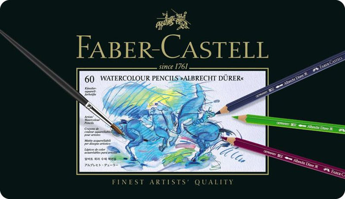 Faber-Castell Watercolour Pencil A.Durer with vibrant color tips and wooden barrel for watercolor art and sketching.