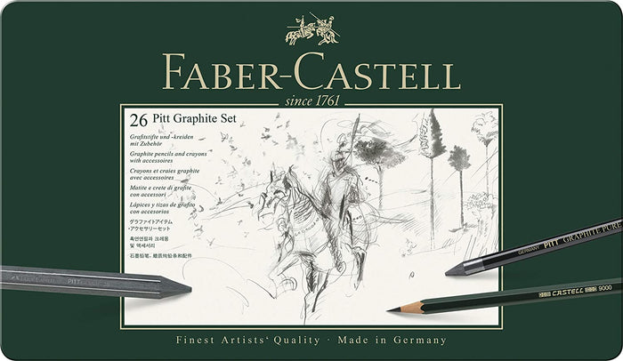 Faber-Castell 26-piece Pitt Graphite drawing pencils and erasers set, featuring various pencil types and erasers for artists.