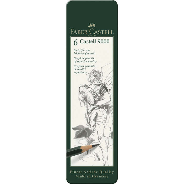Faber-Castell Graphite Pencil Castell 9000 with a sharpened tip and eraser, ideal for detailed drawing and sketching.