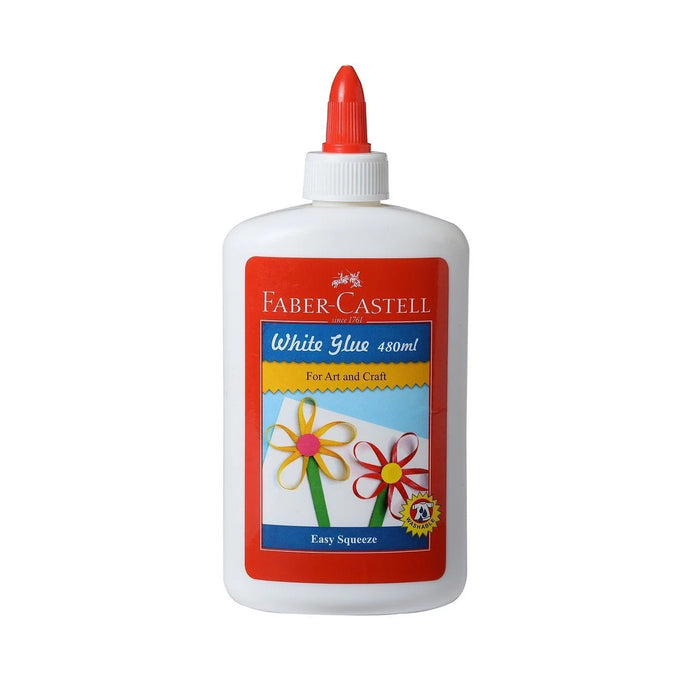 Faber-Castell white glue in a 480ml bottle with dispenser for crafts and school projects, shown with the bottle and nozzle.