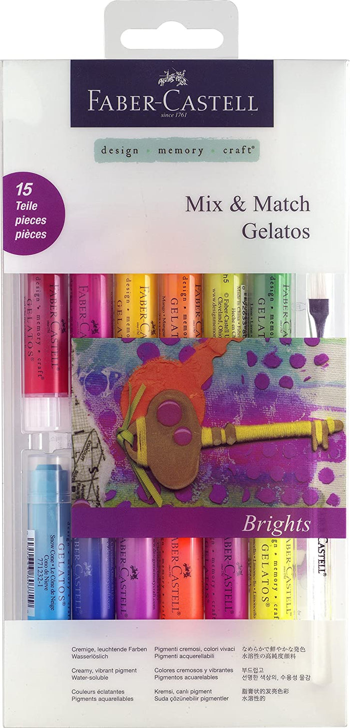 Faber-Castell Water Soluble Gelatos Brights Set of pastel crayons and chalks for vibrant art and craft projects.