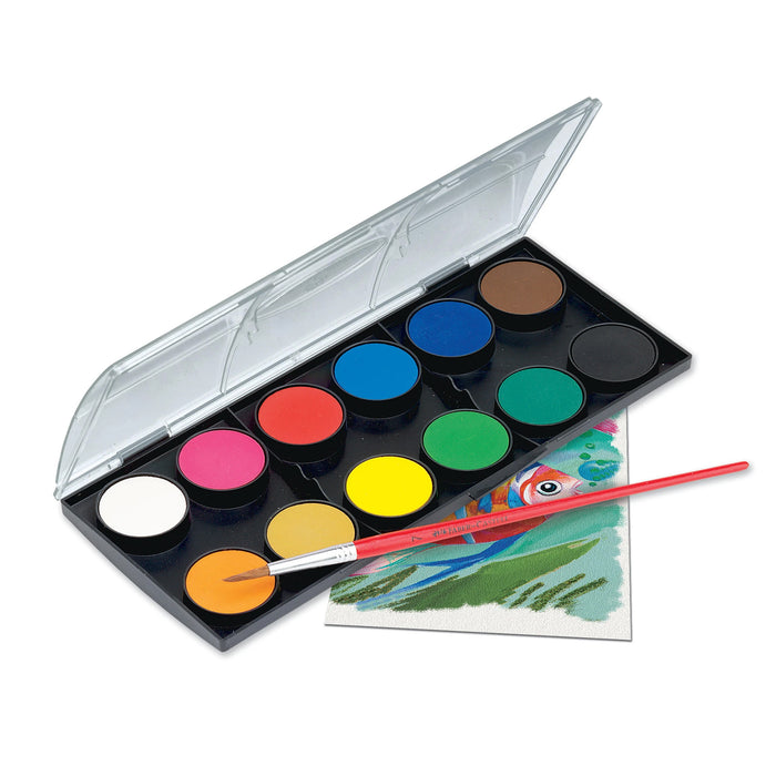 Faber-Castell 12-color water color set with 30mm diameter paints in a compact container, ideal for art projects and watercolor painting.