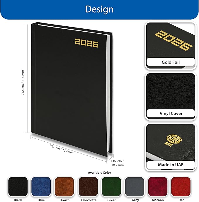 FIS Black A5 Hard Cover Vinyl 2026 Diary-FSDI21E26BK - Al Masam Stationery LLC