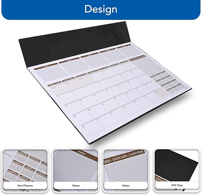 FIS Black PVC 490x340mm English-French 2026 Desk Planner - FSDK2EF26BK - Al Masam Stationery LLC