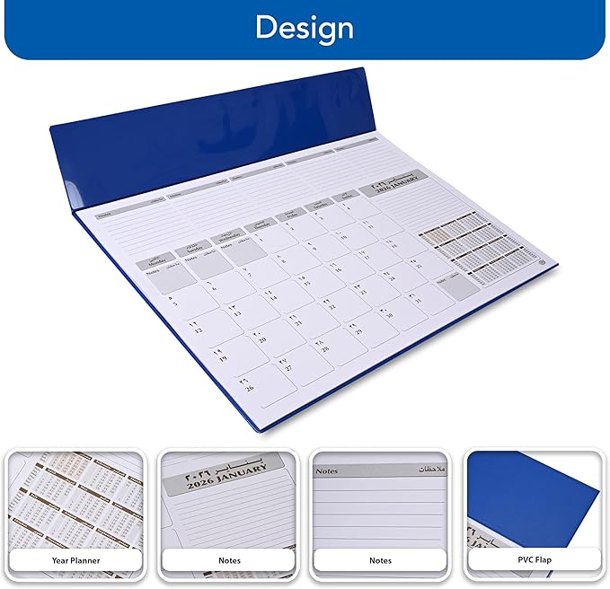 FIS Blue PVC 490x340mm Arabic-English 2026 Desk Planner - FSDK2AE26BL - Al Masam Stationery LLC