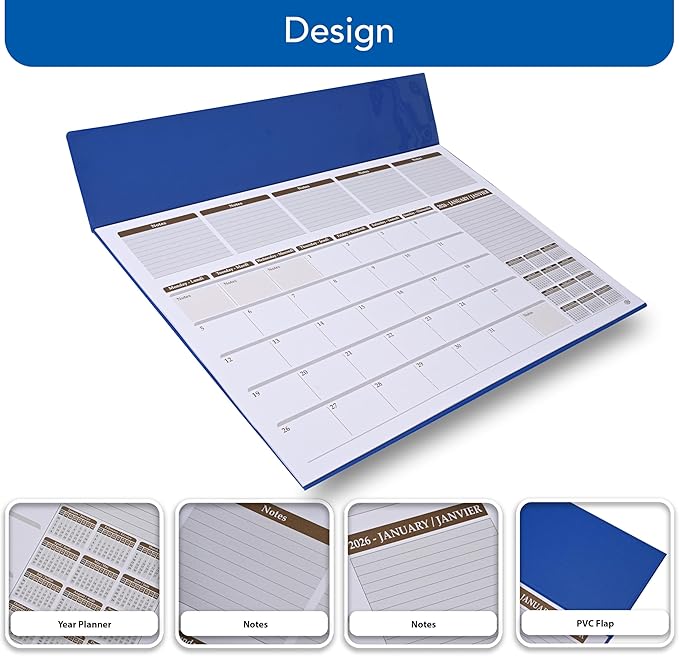 FIS Blue PVC 490x340mm English-French 2026 Desk Planner - FSDK2EF26BL - Al Masam Stationery LLC