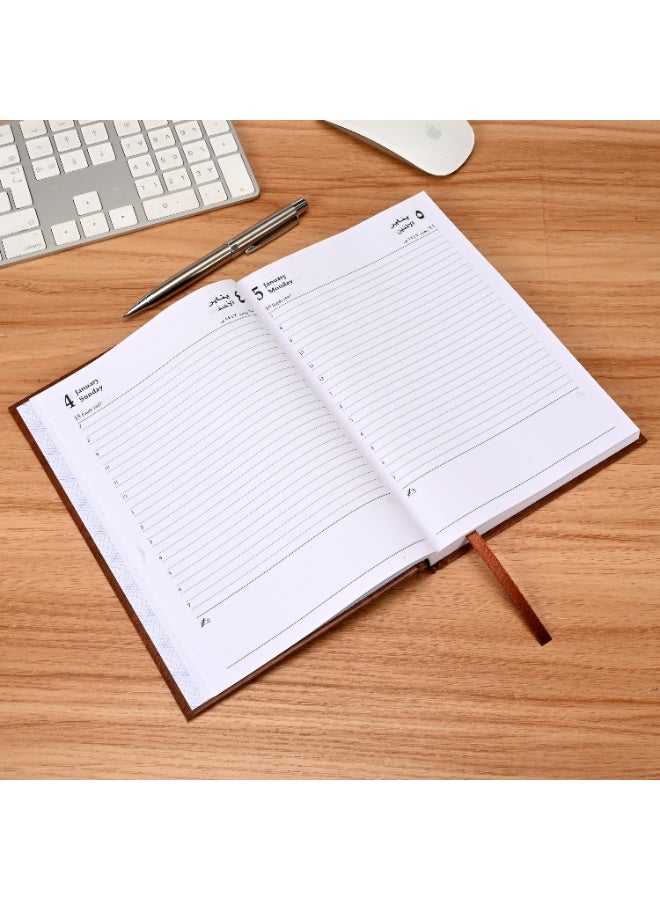 FIS Brown A5 Arabic-English Hard Cover Vinyl 2026 Diary-FSDI21AE26BR - Al Masam Stationery LLC