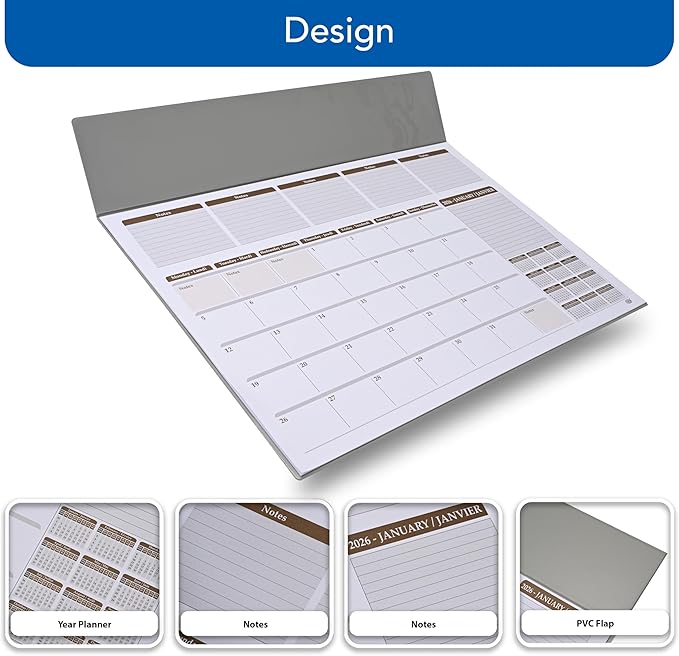 FIS Grey PVC 490x340mm English-French 2026 Desk Planner - FSDK2EF26GY - Al Masam Stationery LLC