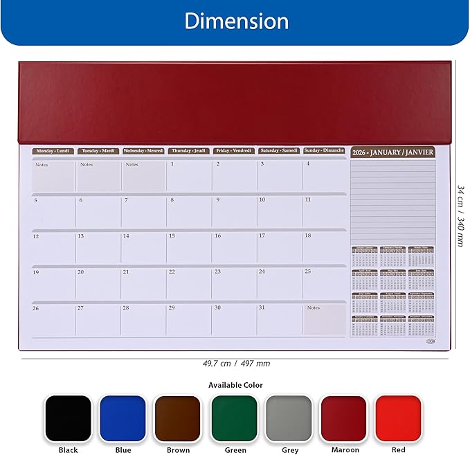 FIS Maroon PVC 490x340mm English-French 2026 Desk Planner - FSDK2EF26MR - Al Masam Stationery LLC