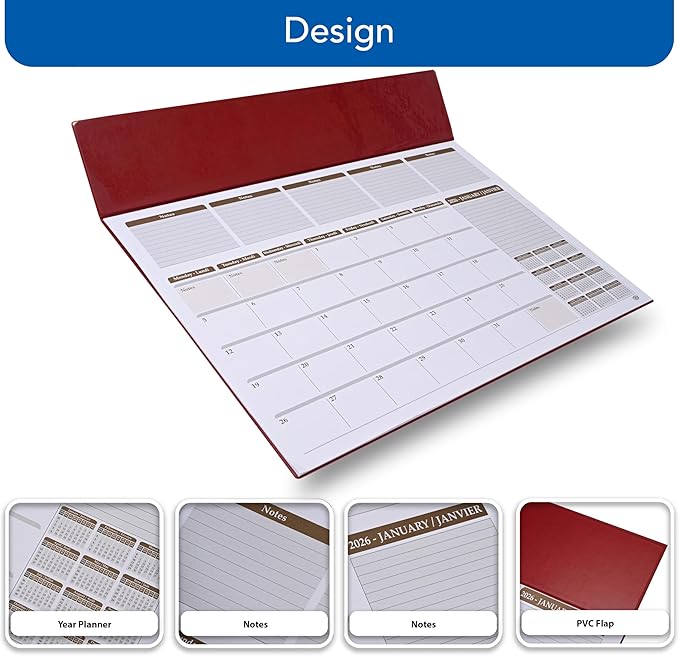 FIS Maroon PVC 490x340mm English-French 2026 Desk Planner - FSDK2EF26MR - Al Masam Stationery LLC