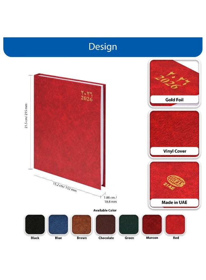 FIS Red A5 Arabic-English Hard Cover Vinyl 2026 Diary-FSDI21AE26RE - Al Masam Stationery LLC