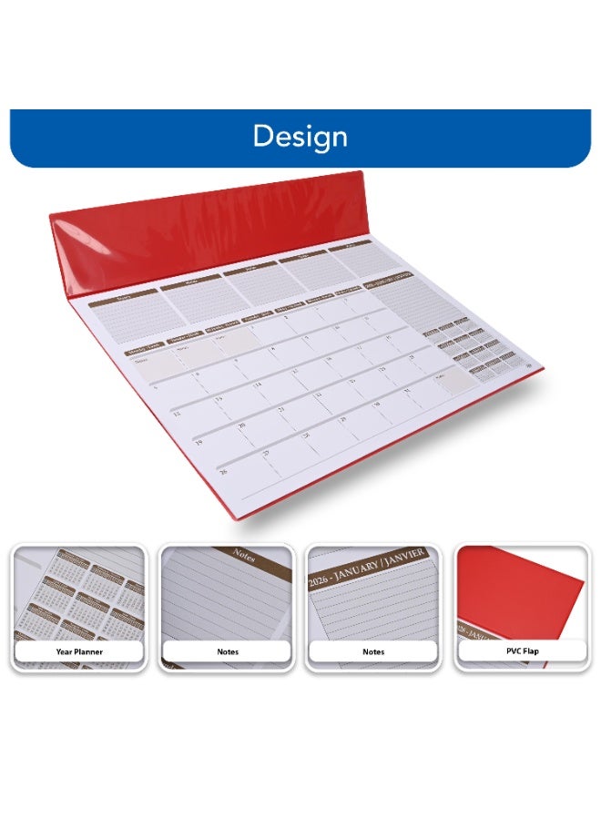 FIS Red PVC 490x340mm English-French 2026 Desk Planner - FSDK2EF26RE - Al Masam Stationery LLC