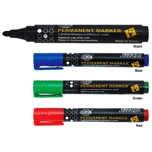 FIS permanent marker with round tip, black ink, ideal for writing and drawing on various surfaces.