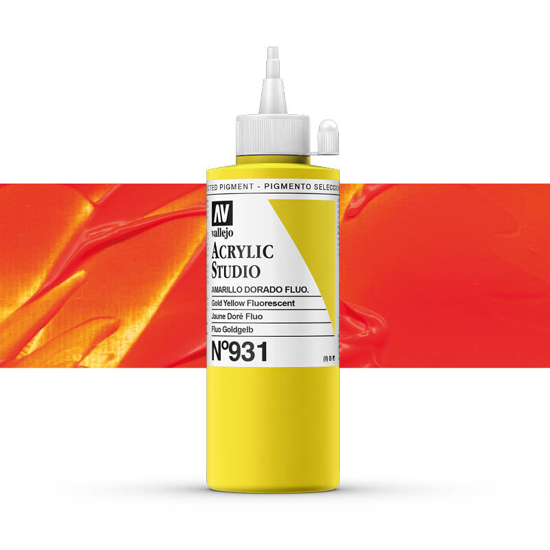 Vallejo ACRYLIC STUDIO FLUO 931:200ML. FLUORESCENT GOLD YELLOW - Al Masam Stationery LLC