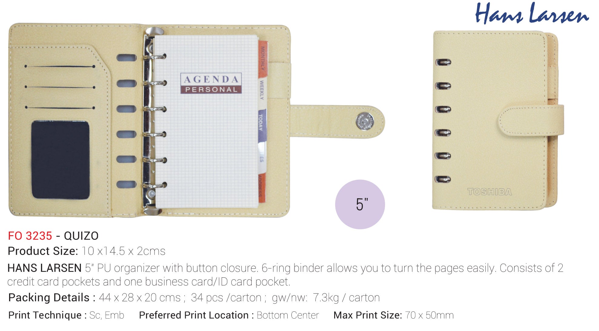 AMS- FO 3235 Quizo - 5" Organizer - Hans Larsen PU Leather Organizers - Al Masam Stationery LLC