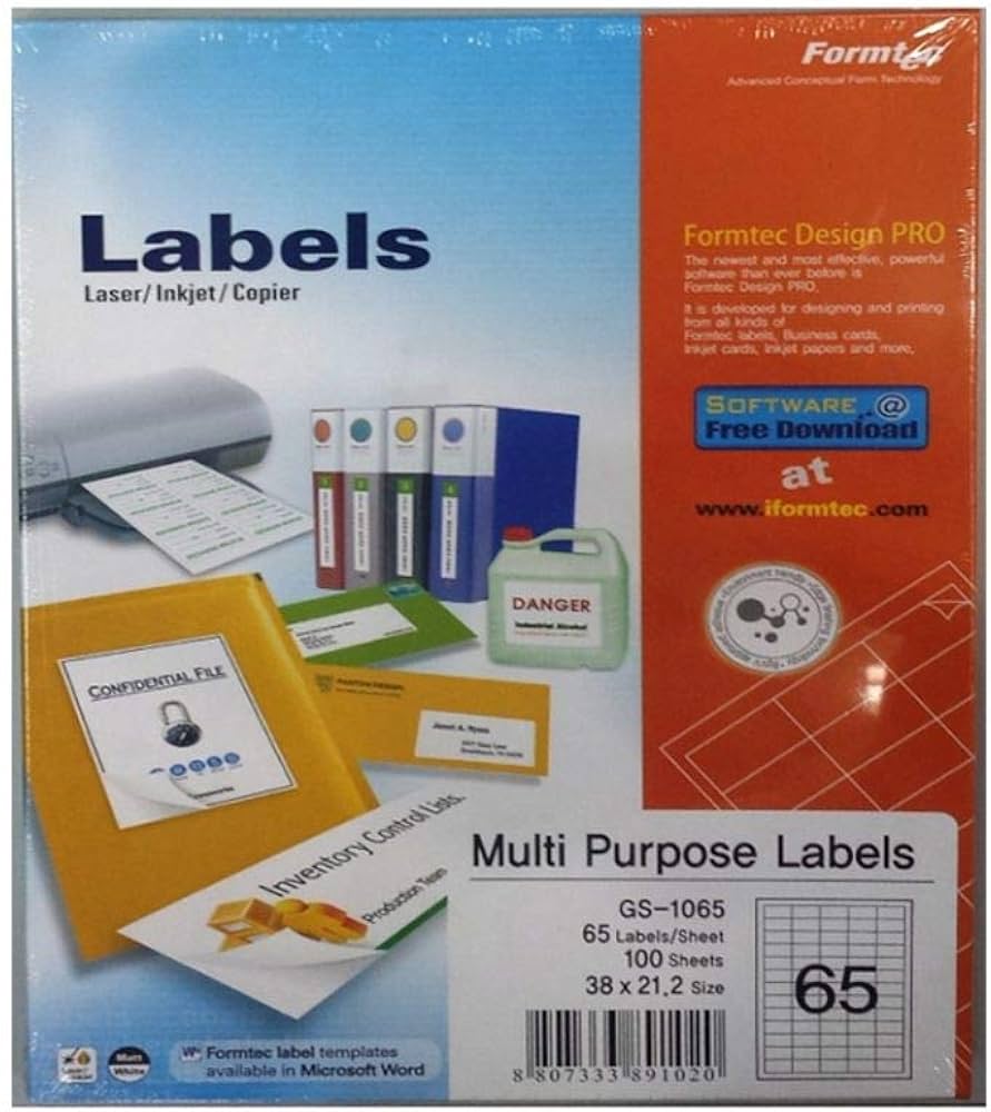 Formtec GY-1065 Label 1300 38x21mm 20 sheets - Al Masam Stationery LLC Main image