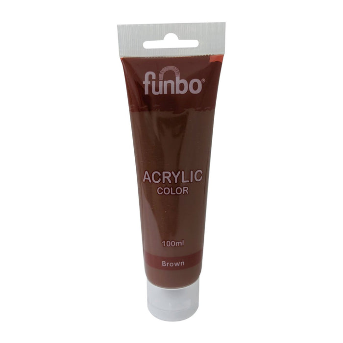 Funbo acrylic color tube in 100ml with rich brown shade, showcasing the vibrant paint and branding on the tube.