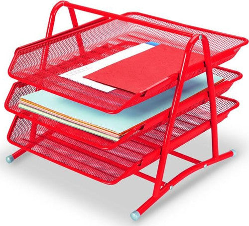Red 3-Tier Wire Mesh Document Tray