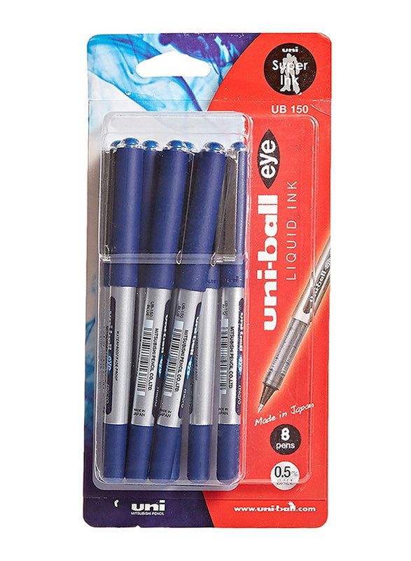 Uniball 8-Piece Liquid Ink Rollerball Pen Blue - Al Masam Stationery LLC Main image