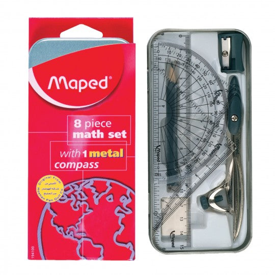 Maped Math Study Geometry Set of 8, includes various geometric tools in a sturdy box for math and geometry projects.