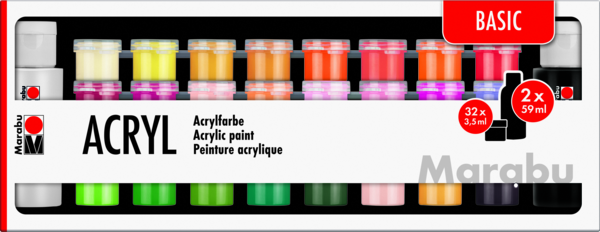 Marabu Acrylic Paints Assortment Basic 32 X 3.5Ml & 2 X 59Ml - MRU 1210000000208 - Al Masam Stationery LLC Main image