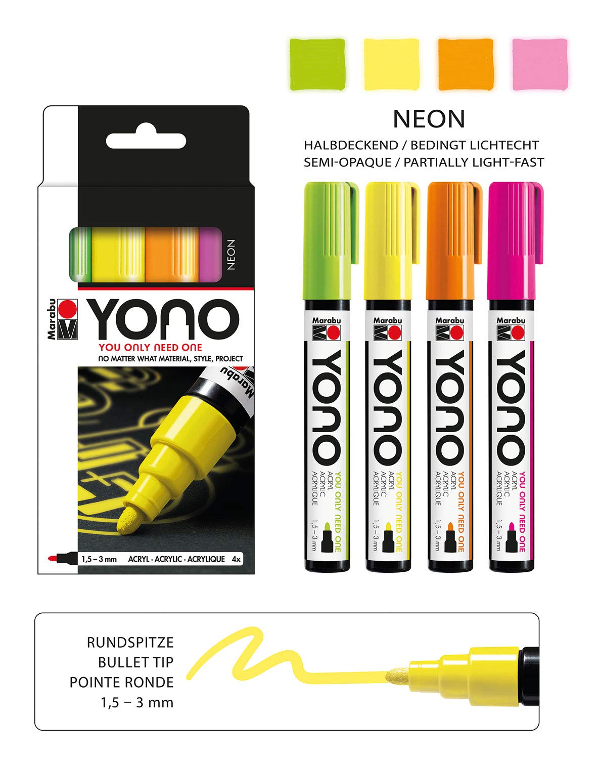 Marabu Yono Marker Set 4 X Yono Marker 1.5-3 Mm (Neon-Green 365, Neon-Yellow 321, Neon-Orange 324, Neon-Pink 334) - MRU 1240000004000 - Al Masam Stationery LLC Main image