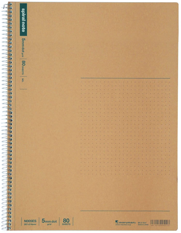 Maruman Spiral Noted B5 notebook with 80 sheets of 70g dotted paper and 5mm grid lines, ideal for note-taking and sketching.